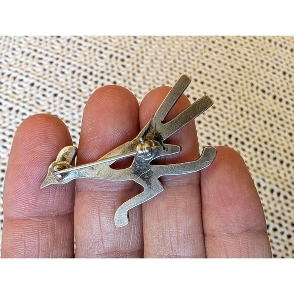 Native American Navajo Sterling Silver & Turquoise Roadrunner Pin Brooch 6.3g